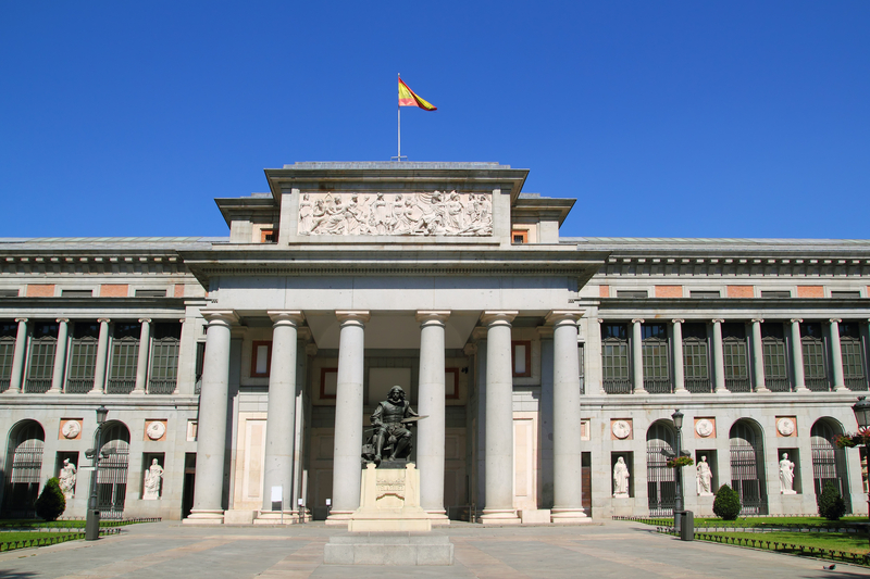 Madrid Museo del Prado with Velazquez statue, Madrid, Spain