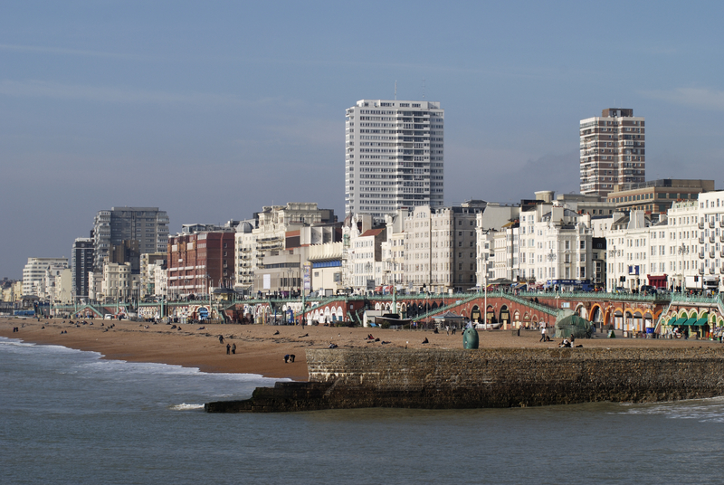 Seafront and beach viewed from the Palace Pier. Brighton. East Sussex. England