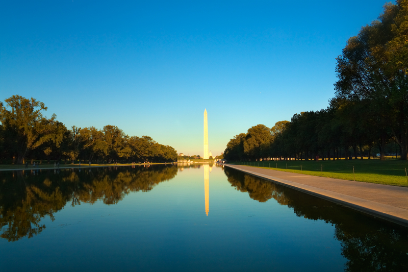 Washington monument in front of reflecting pool, Washington D.C